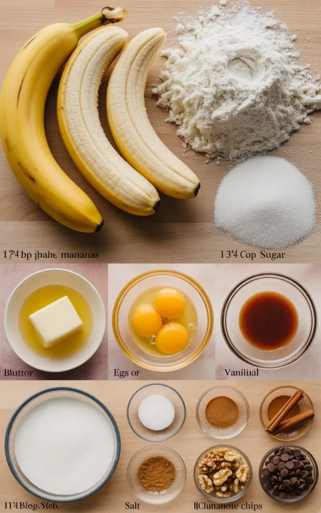 3 medium overripe bananas (about 1 ½ cups mashed)

1 ¾ cups (220g) all-purpose flour

¾ cup (150g) granulated sugar (or brown sugar for deeper flavor)

½ cup (115g) unsalted butter, melted (or neutral oil like vegetable or coconut)

2 large eggs, room temperature

1 tsp vanilla extract

1 tsp baking soda

½ tsp salt

1 tsp ground cinnamon (optional, but recommended)

½ cup mix-ins (optional: chopped walnuts, chocolate chips, or blueberries)