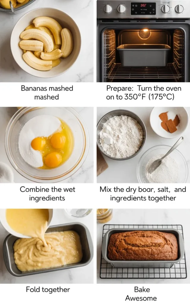 Prepare:

Turn the oven on to 350°F (175°C). Line a 9 x 5-inch loaf pan with parchment paper or grease it.

Bananas mashed:

Using a fork, mash the bananas in a big bowl until they are smooth (small lumps are acceptable).

Combine the wet ingredients:

Add the eggs, sugar, vanilla, and melted butter to the bananas and stir.

Mix the dry ingredients together:

Mix the flour, baking soda, salt, and cinnamon in a different bowl.

Fold Together:

Don't overmix; just combine the dry ingredients with the wet mixture. If using, add the mix-ins.

Bake:

Fill the prepared pan with batter. A toothpick inserted in the center should come out clean after 50 to 60 minutes of baking.

Awesome:

After 10 minutes of cooling in the pan, move to a wire rack to finish cooling.