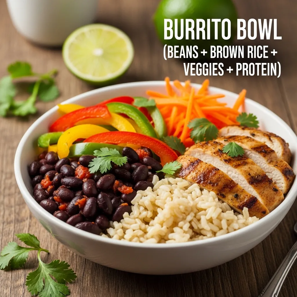 Burrito Bowl (Beans + Brown Rice + Veggies + Protein)