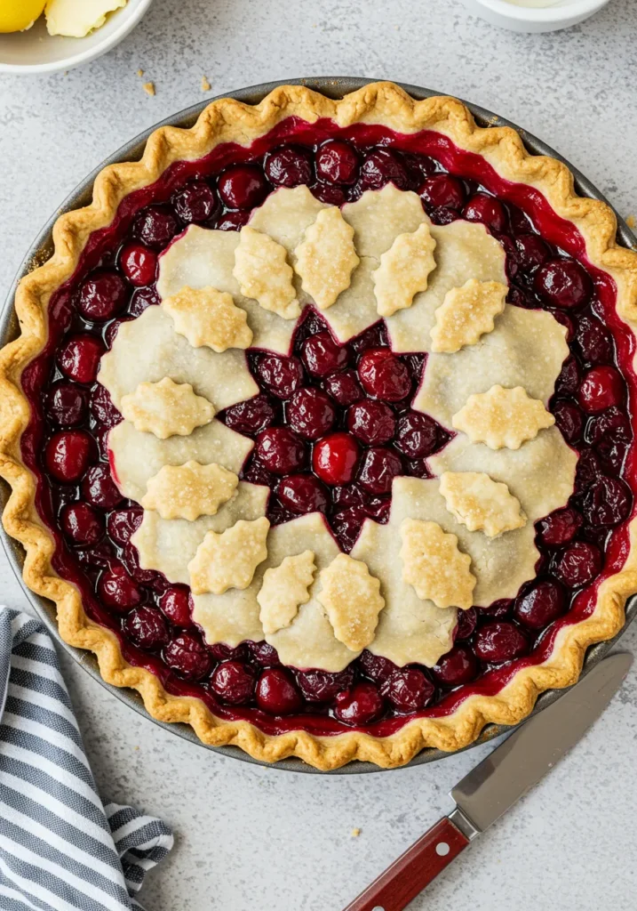 Preheat oven to 375°F (190°C).
In a large bowl, mix cherries, sugar, cornstarch, lemon juice, and almond extract.
Roll out one pie crust in a 9-inch pie pan. Pour in the cherry mixture. Dot with butter.
Top with the second crust (lattice or full). Seal edges and cut slits for steam.
Brush with egg wash (egg + milk).
Bake 50-60 minutes until golden brown.
Cool before slicing.