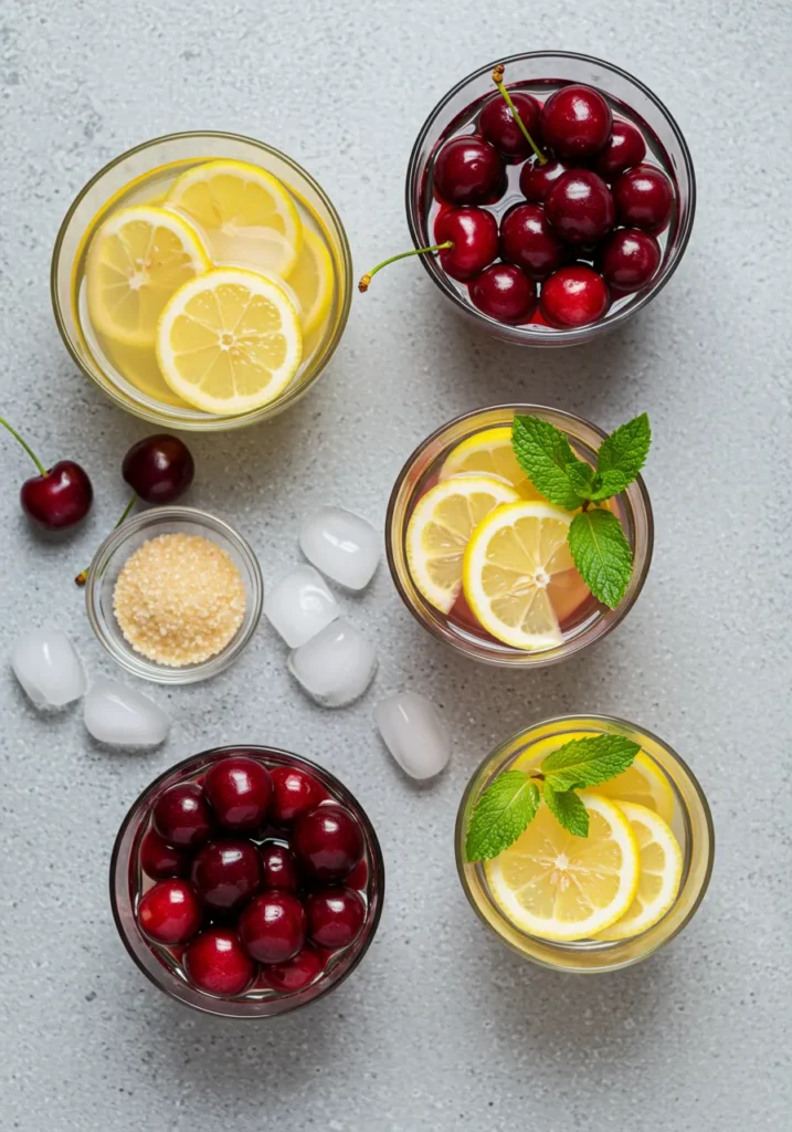 2 cups fresh cherries (pitted)
1 cup lemon juice (freshly squeezed)
1/2 cup sugar (adjust to taste)
4 cups cold water
Ice
Lemon slices & mint (for garnish)