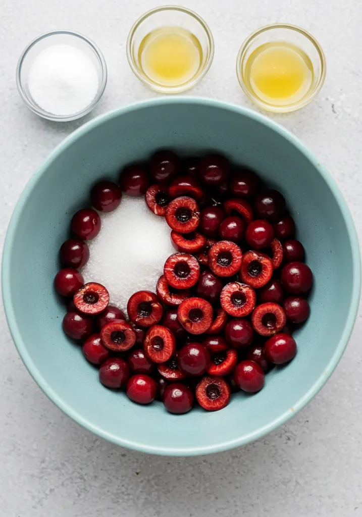 2 cups fresh cherries (halved and pitted)
1/4 cup sugar
1 tbsp lemon juice
1/2 tsp vanilla extract