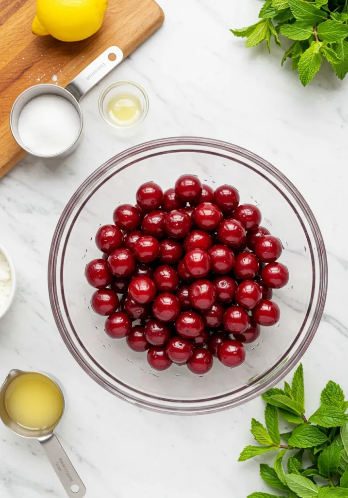 4 cups fresh cherries (pitted)
1/2 cup sugar
1 tbsp lemon juice
1/2 cup water