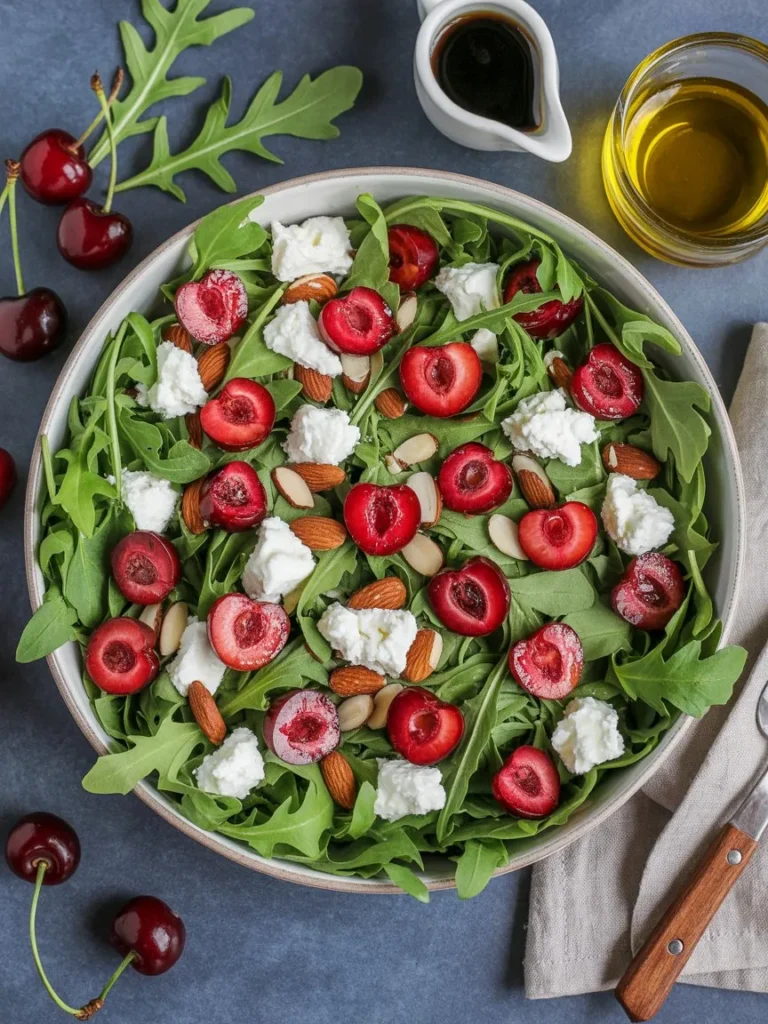 ....t4 cups arugula
1 cup fresh cherries (halved)
1/4 cup crumbled goat cheese
1/4 cup toasted almonds
2 tbsp balsamic glaze
2 tbsp olive oil