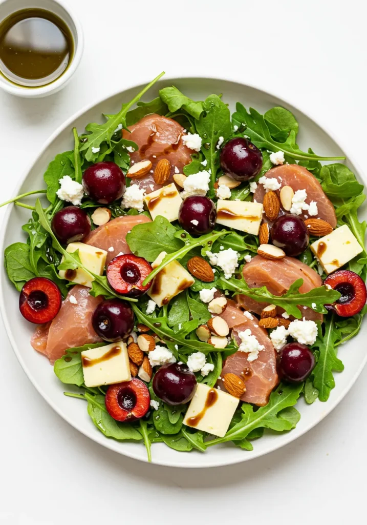 Toss arugula, cherries, cheese, and almonds.
Drizzle with balsamic and olive oil. Serve fre