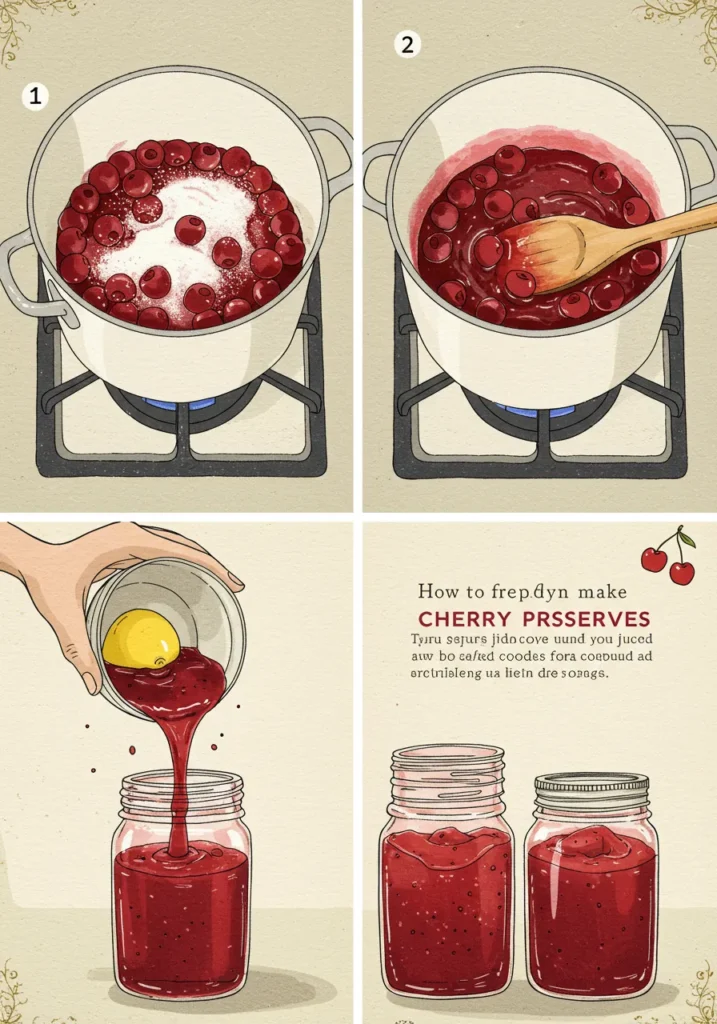 Cook cherries, sugar, and lemon juice over medium heat.
Stir often until thick (20-25 min).
Pour into sterilized jars. Cool & refrigerate.