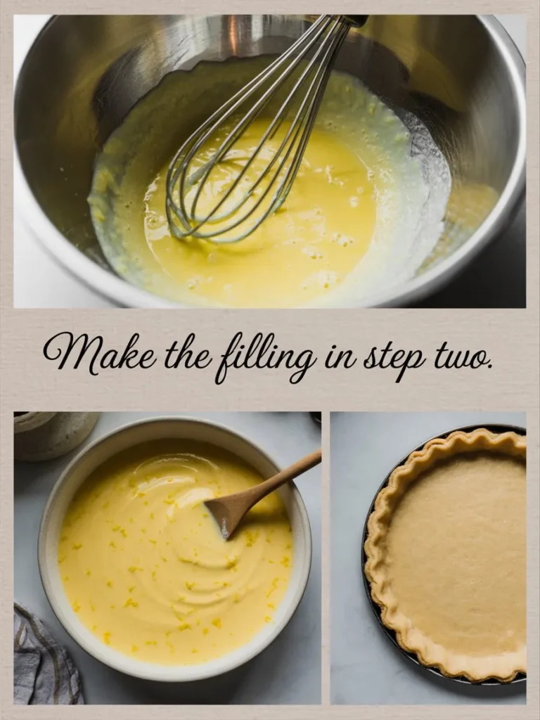 Whisk the eggs and sugar together in a bowl.
Add the flour, lemon zest, and lemon juice and stir until smooth.
Cover the hot crust with the mixture.