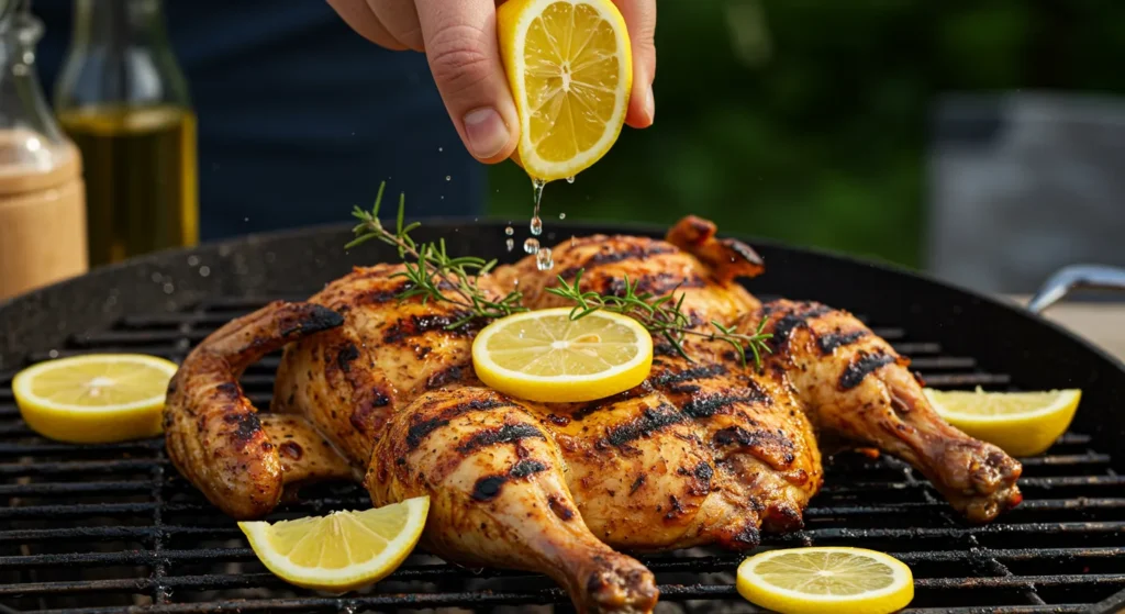 “Perfectly Grilled Lemon Herb Chicken” in bold, rustic font.