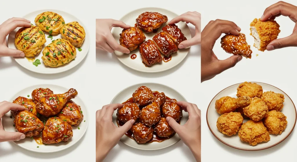  Side-by-side realistic image showing 4 plates: lemon herb grilled chicken, BBQ chicken, teriyaki chicken, and fried chicken. Human hands reaching for different plates. 
