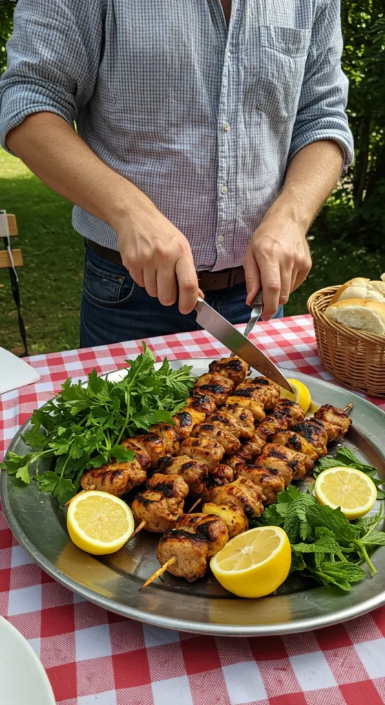 Human slicing BBQ chicken kebabs onto a platter with fresh herbs and lemon wedges. Picnic table setting. 