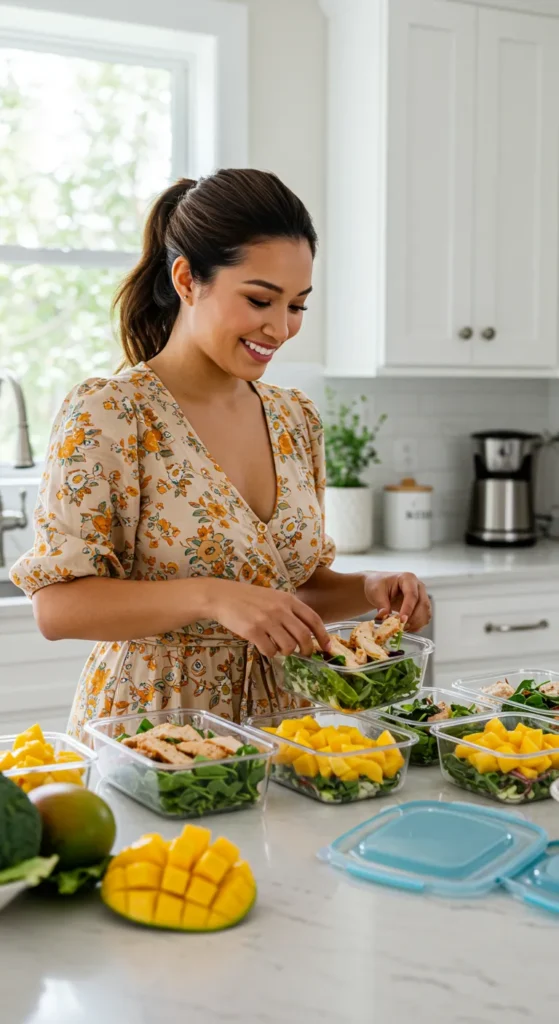 ealistic human photo: Smiling woman packing tropical chicken salad with mangos into meal prep containers in a bright kitchen