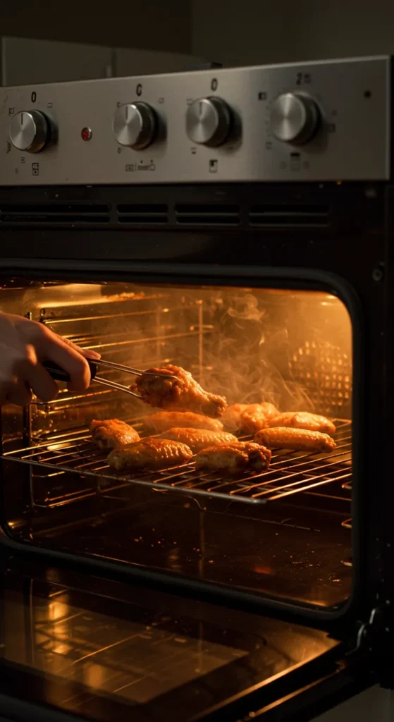 Realistic photo: Person flipping crispy chicken wings on a wire rack in the oven. Heat waves visible, wings perfectly golden.
