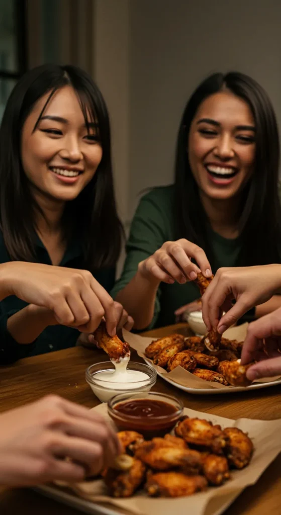  Friends at a table dipping oven-baked crispy chicken wings into ranch and BBQ sauce, smiling and laughing