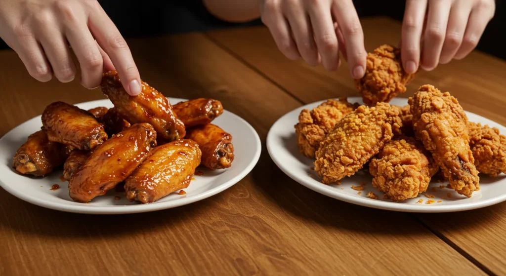 Side-by-side plates of oven-baked wings and fried wings on a wooden table, with human hands reaching for both