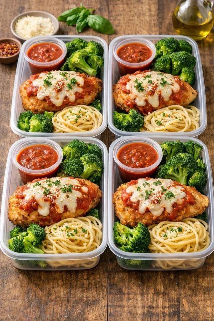 Meal prep baked chicken parmesan containers