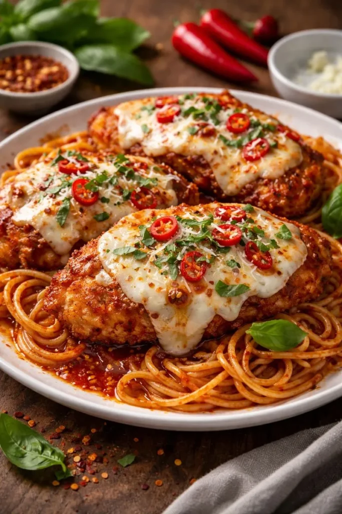Spicy baked chicken parmesan dinner