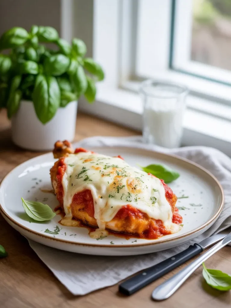 Crispy baked chicken parmesan with marinara and melted cheese