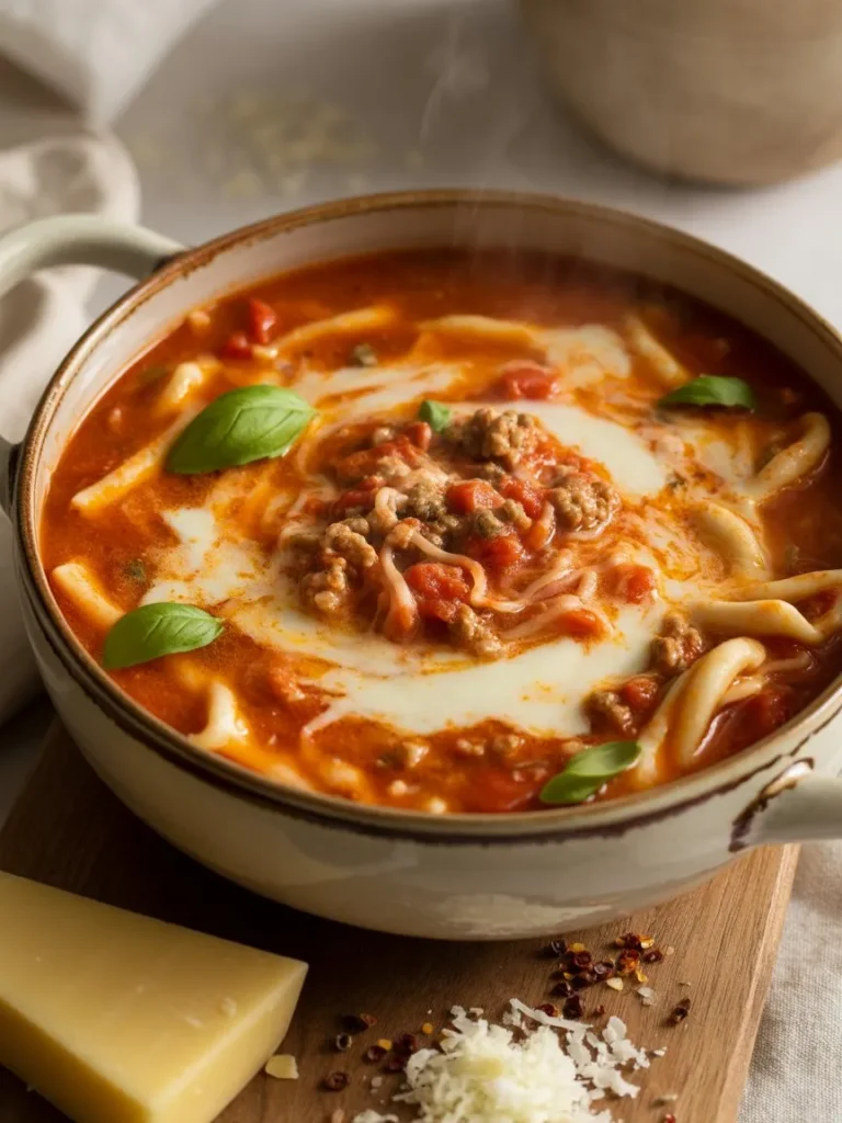 Creamy one-pot lasagna soup with rich tomato broth