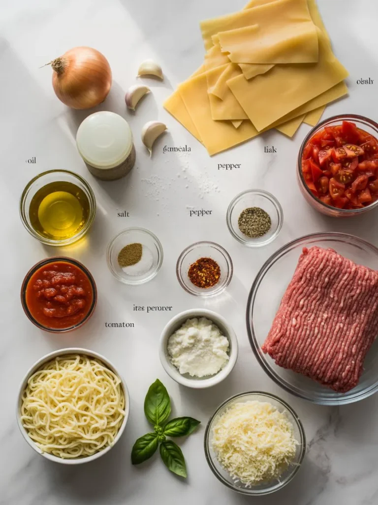 Ingredients for one-pot lasagna soup arranged on a kitchen counter