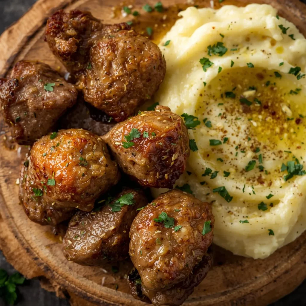Garlic Parmesan Steak Bites With Garlic Parmesan Mash