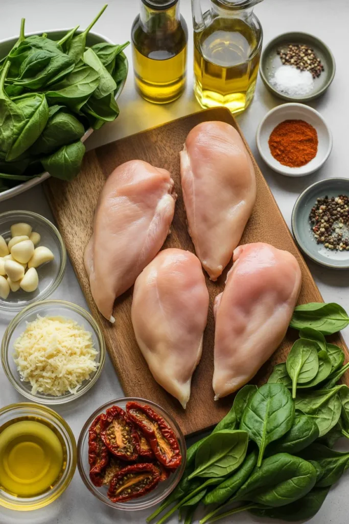 Ingredients Needed To Make Creamy Tuscan Chicken Arranged Neatly On A Wooden Surface
