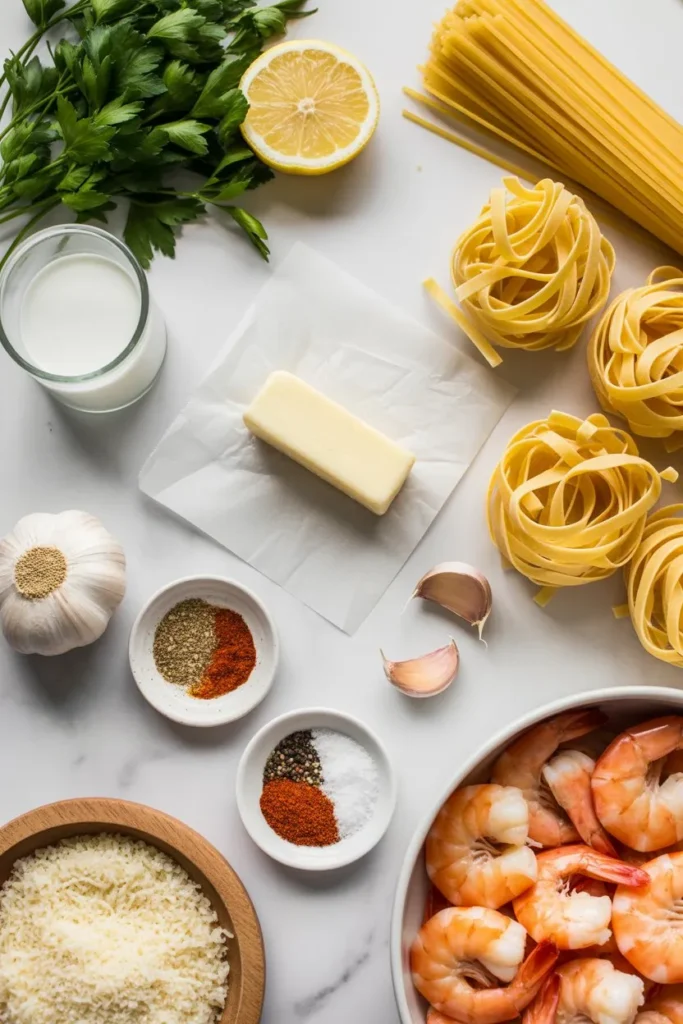 A Flat Lay Food Photography Ingredients Classic Garlic Butter Shrimp Pasta