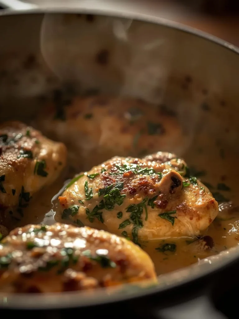 Creamy Mushroom Spinach Swiss Stuffed Chicken Pieces Cooking On A Pot Side Photography
