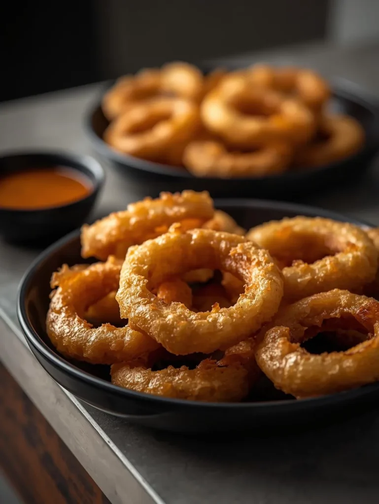 Gluten Free Air Fryer Onion Many Rings In 2 3 Mordern Black Plate With Souce By Hand No Deep Frying Hyper Realistic Mordern Table Close Up Short