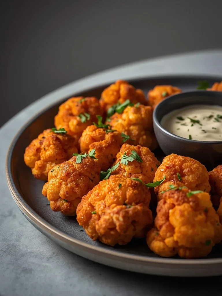 Gluten Free Crispy Buffalo Cauliflower With Souce Mordern Table And Plate Side Close Up Short