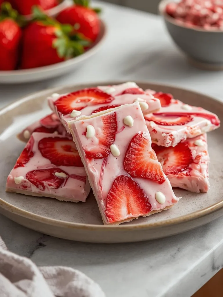 Healthy Strawberry Yogurt Bark Hyper Realistic Close Up Mordern Table Mordern Plate