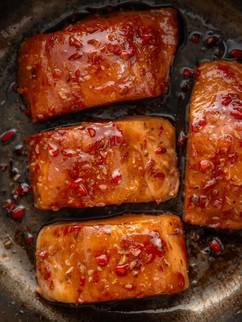 Honey Salmon Is Well Understood On Top Of 3 4 Pieces Of Salmon  With A Spicy That Can Be Understood  Air Fryer Style Cooking One Pan