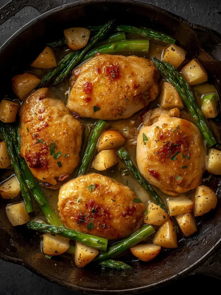 Lemon Garlic Chicken With Potatoes With Asparagus Cut Of Pices Cooking One Pan