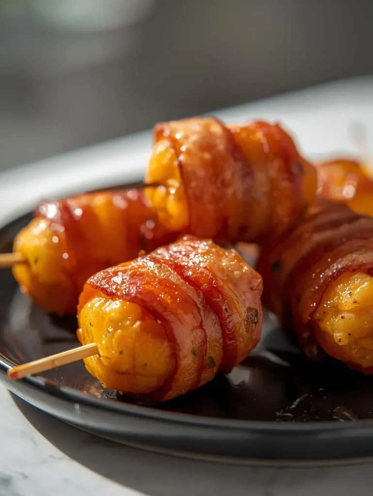 Pineapple Sweet Heat Poppers Bacon Wrapped Mordern Table Black Plate Side Closeup Short See Puerly Pineapple Sweet