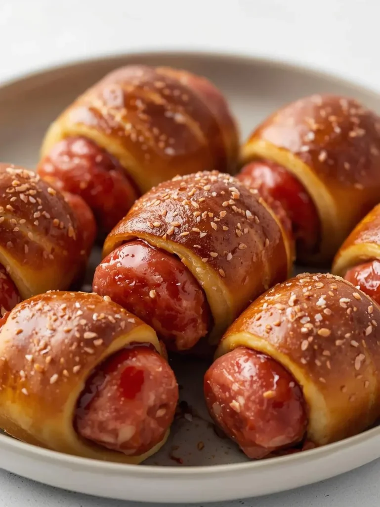 Pretzel Style Pigs In A Blanket Mordern Plate Many Pigs Closeup Short