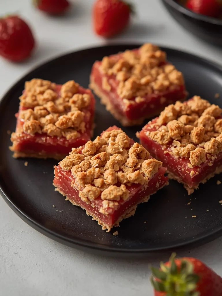 Quick Strawberry Oat Crumble Hyper Realistic Close Up Short Mordern Table Mordern Black Plate 4 5 Pieces Places Flat Lay Angle