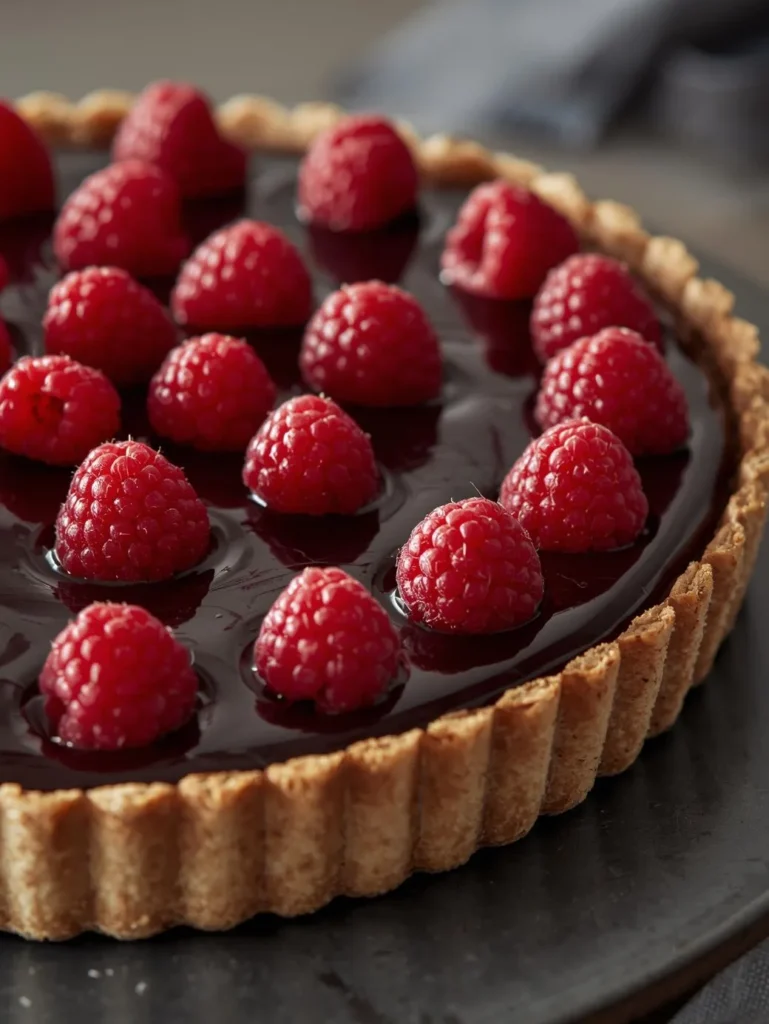 Raspberry Dark Chocolate Tart 3 4 Size Hyper Realistic Close Up Photography Mordern Table