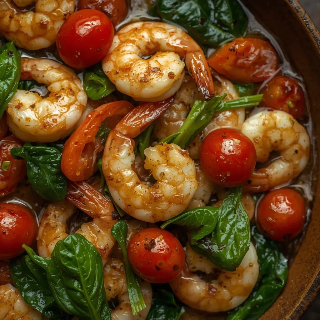 Shrimp Scampi With Cherry Tomatoes With Spinach