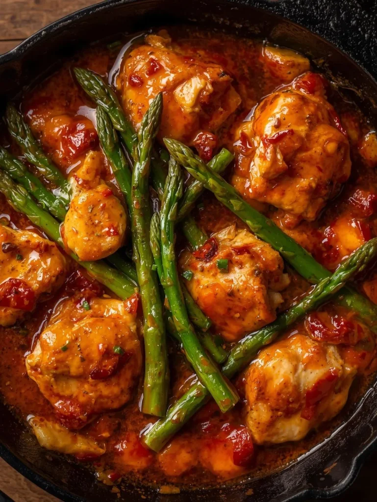 Spicy Chili Lemon Garlic Chicken With Asparagus Cut Into Pieces Cooking One Pan