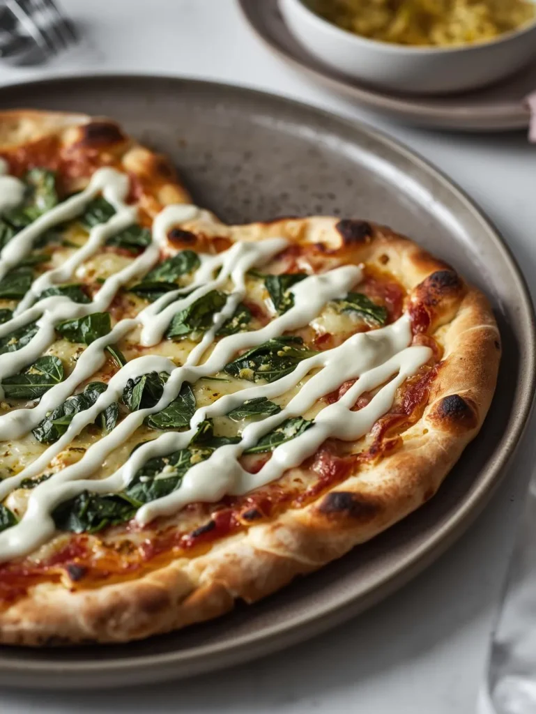 White Sauce Spinach Heart Pizza Modern Table Plate Serve Style Close Up Side Photography