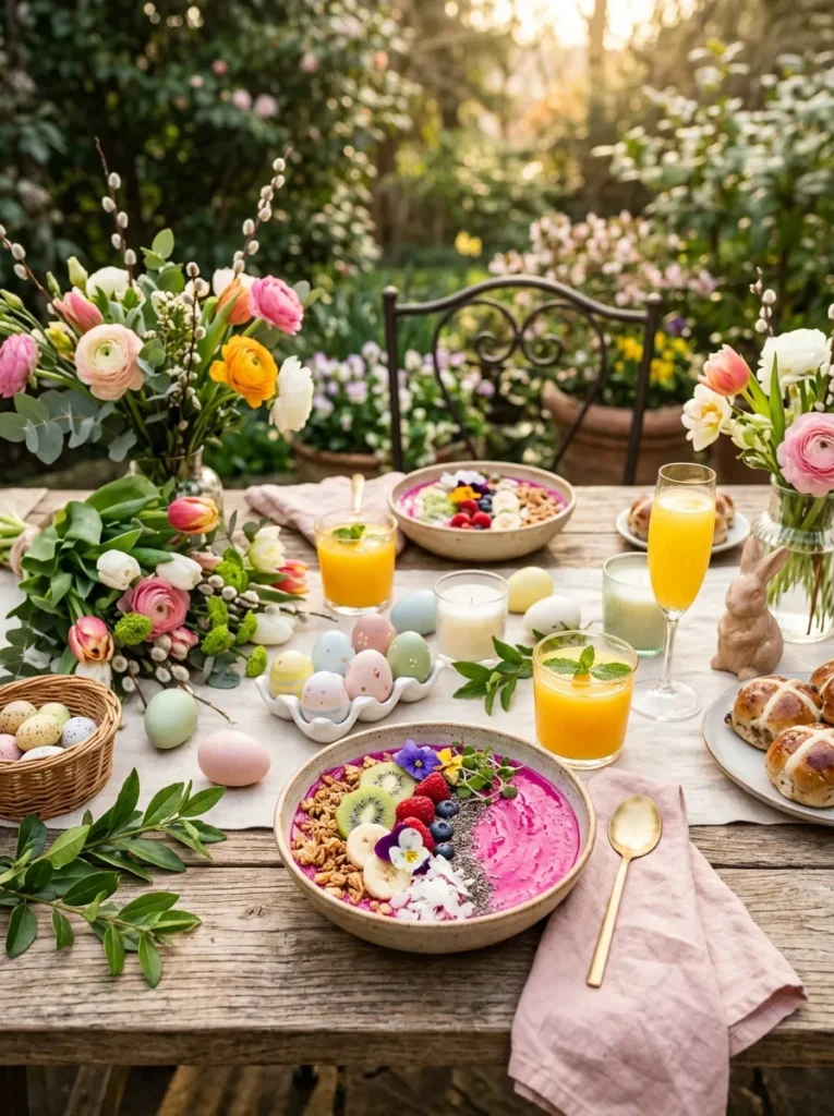 Aesthetic Easter Brunch Variation Pink Pitaya Smoothie Bowls