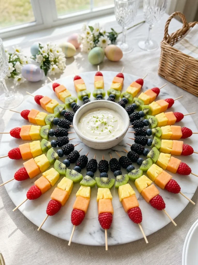 Aesthetic Easter Brunch Variation Rainbow Fruit Skewers Best Aesthetic Easter Brunch Table Ideas