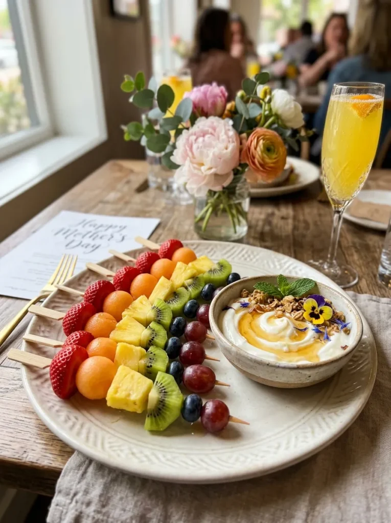 Aesthetic Mothers Day Brunch With Rainbow Fruit Skewers With Honey Yogurt
