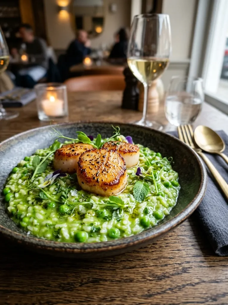 Best Sweet Pea And Mint Risotto With Scallop Topping