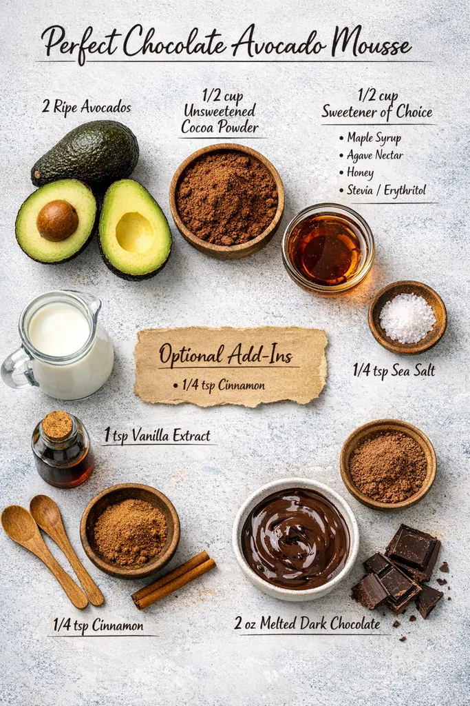 Chocolate Avocado Mousse Ingredients Flat Lay