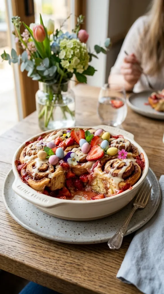 Easter Strawberry Cinnamon Roll Casserole