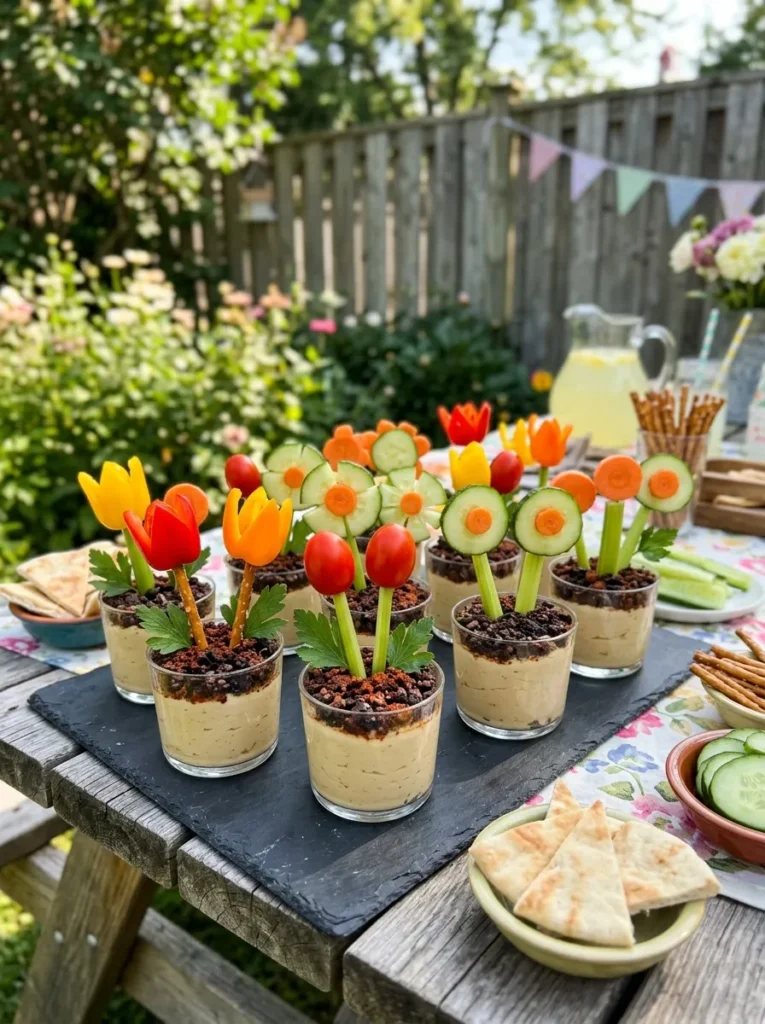 Easy Outdoor Garden Party Snacks Hummus Flower Pots
