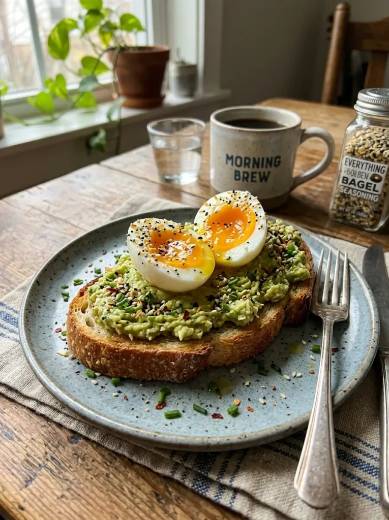 Egg Breakfast Toast With Everything Bagel Style Healthy Avocado And Egg Breakfast Toast