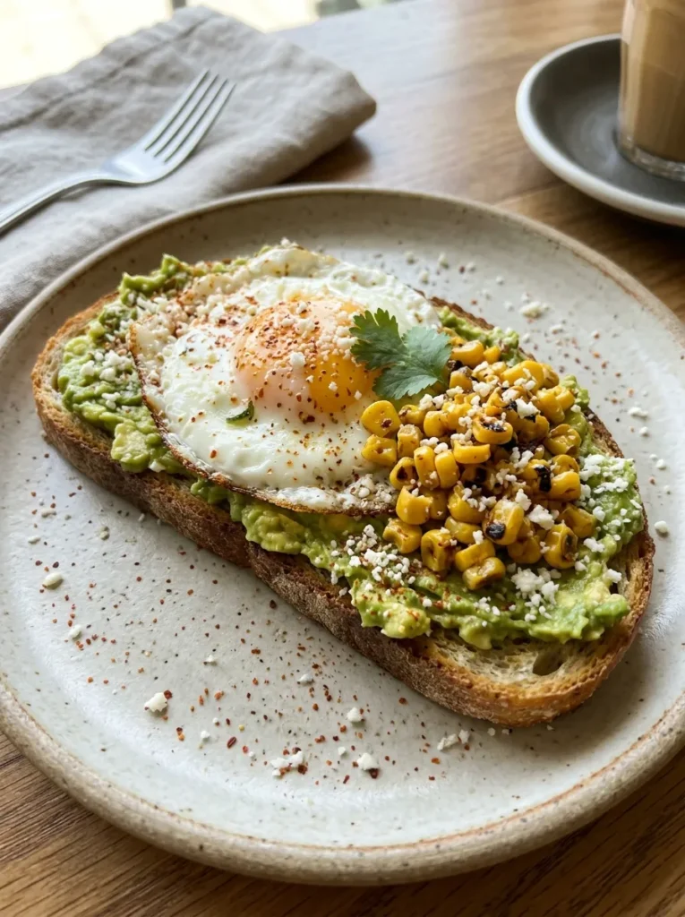Healthy Avocado And Egg Breakfast Toast With Mexican Street Corn