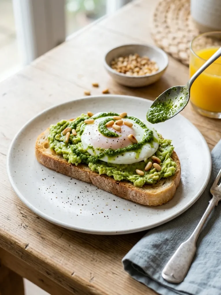 Healthy Avocado And Egg Breakfast Toast With Pesto Drizzle