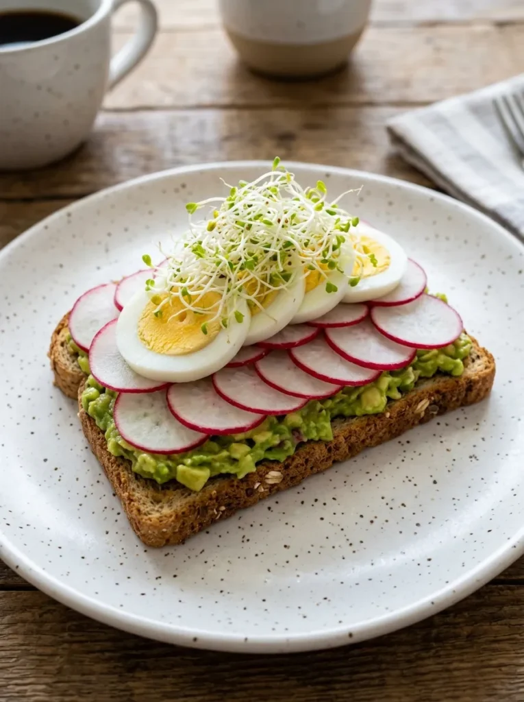 Healthy Avocado And Egg Breakfast Toast With Radish Sprouts